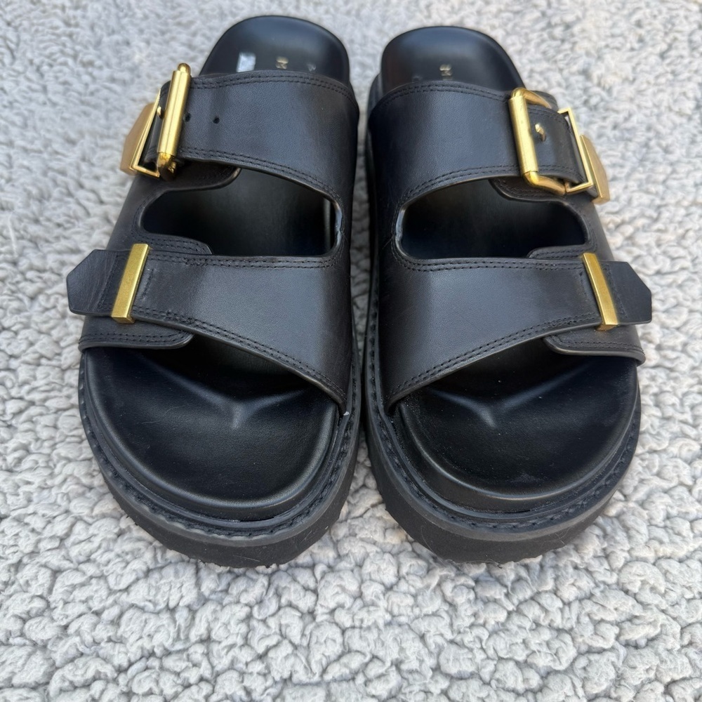 Marc Fisher Black Sandals with Gold Buckles